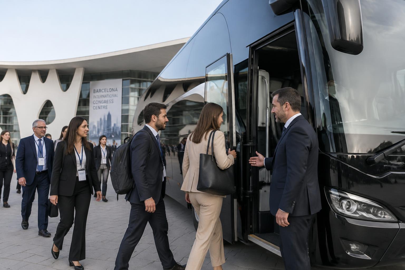 Modern black coach with corporate passengers boarding at an exhibition venue