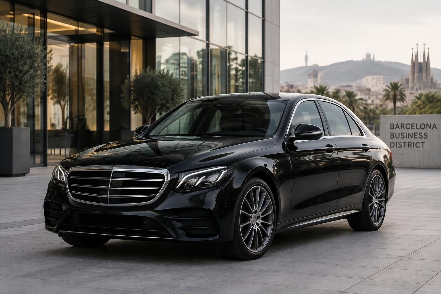 Black executive sedan outside a modern office building in Barcelona