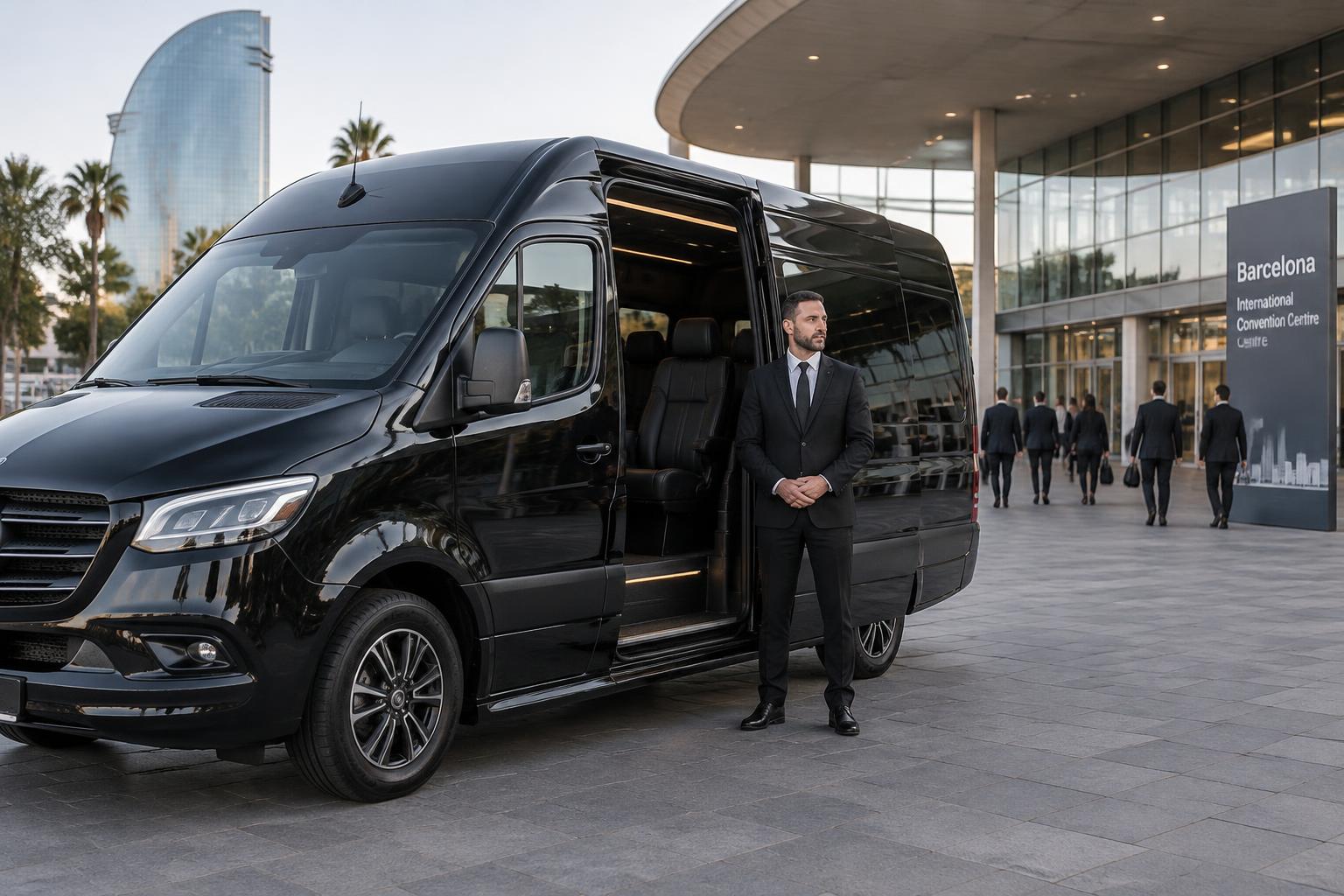 Black premium minibus with chauffeur at a Barcelona convention centre