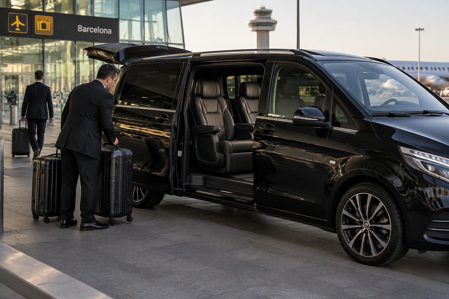 Black premium van with leather captain seats at Barcelona airport, chauffeur loading luggage