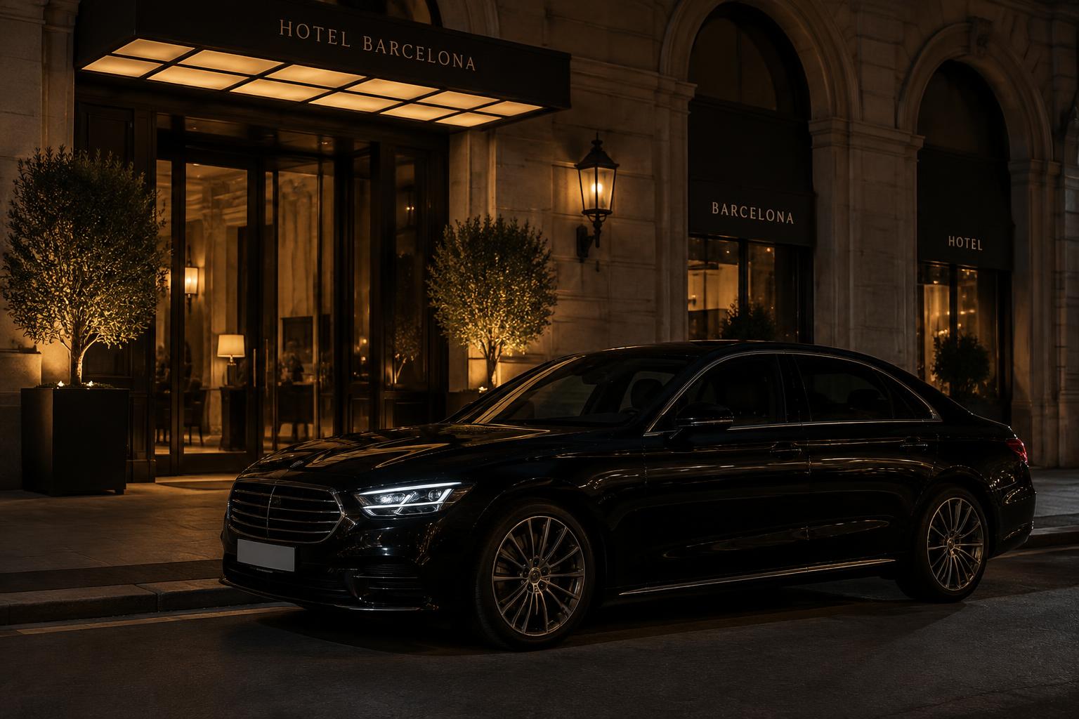 Black flagship sedan at night in front of an elegant Barcelona hotel