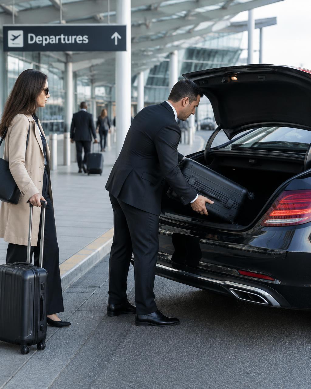 Chauffeur loading a suitcase at an airport departures curb