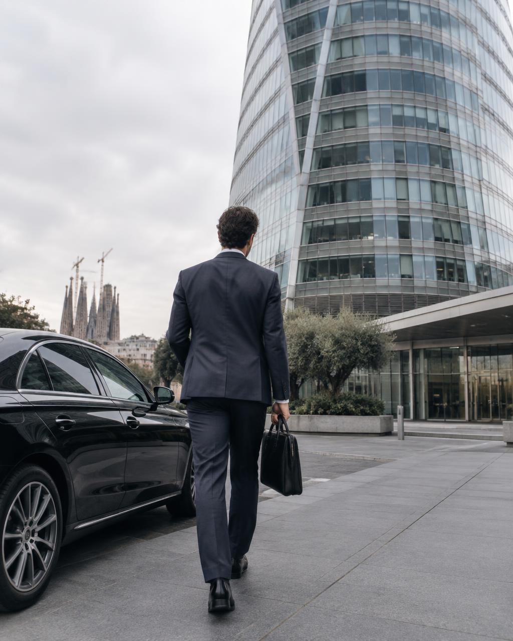 Executive walking from a black sedan to an office tower