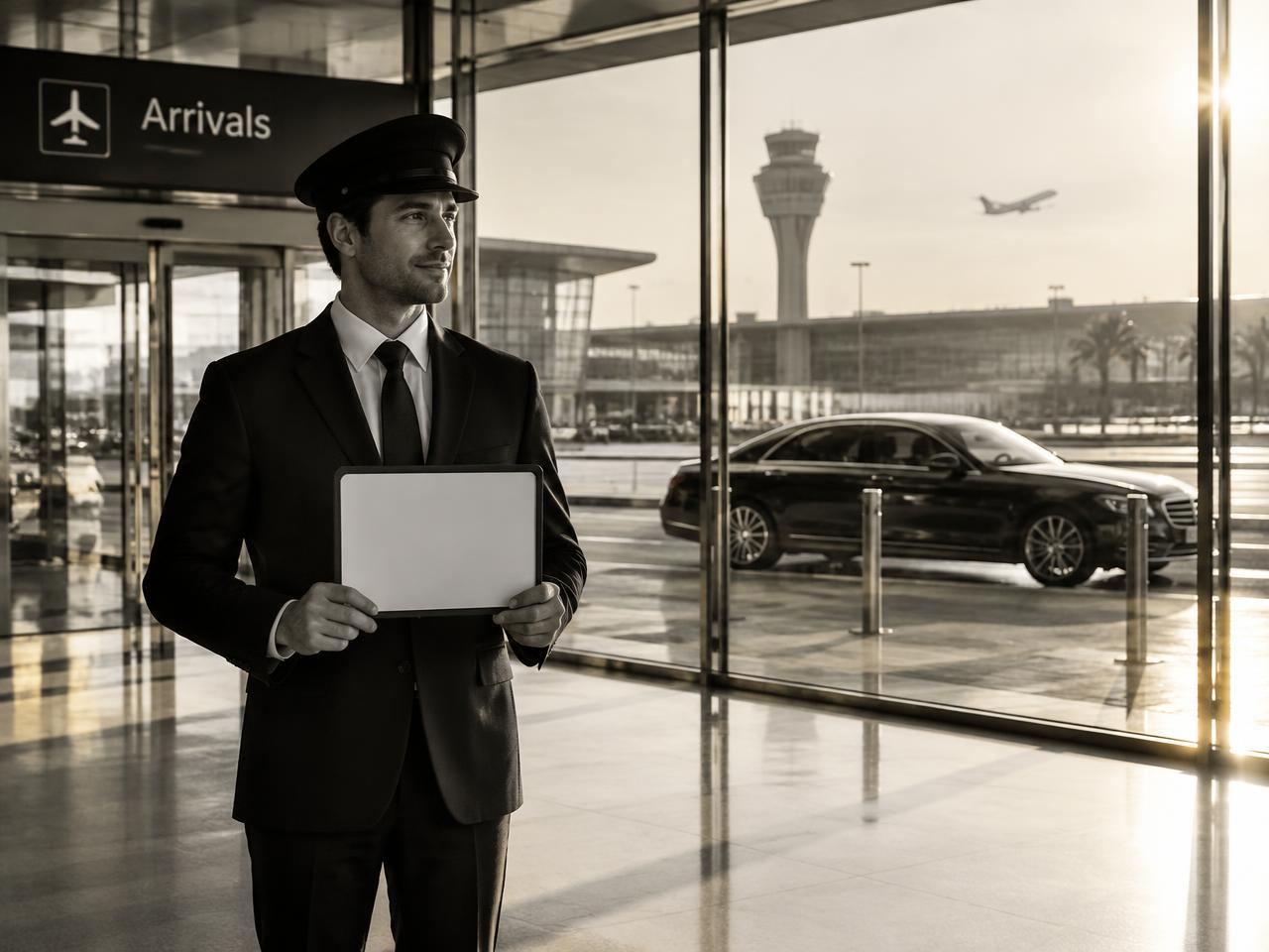 Chauffeur waiting with a name sign at the airport arrivals hall