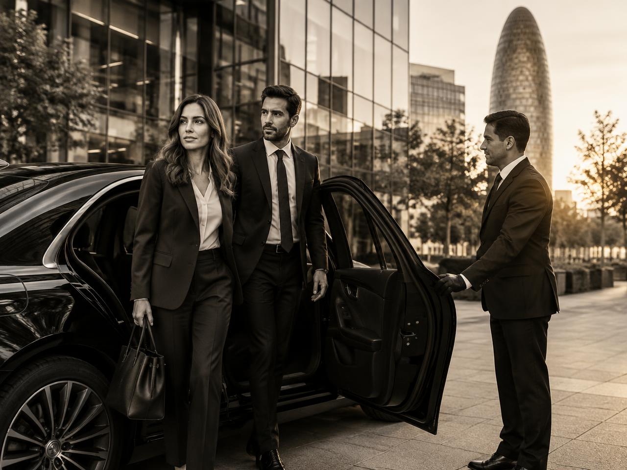 Business professionals stepping out of a black sedan at an office tower