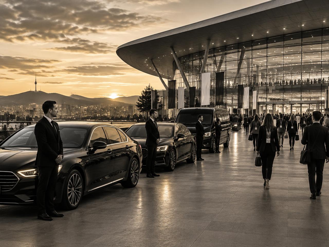 Coordinated black vehicles and chauffeurs at an exhibition centre at dusk