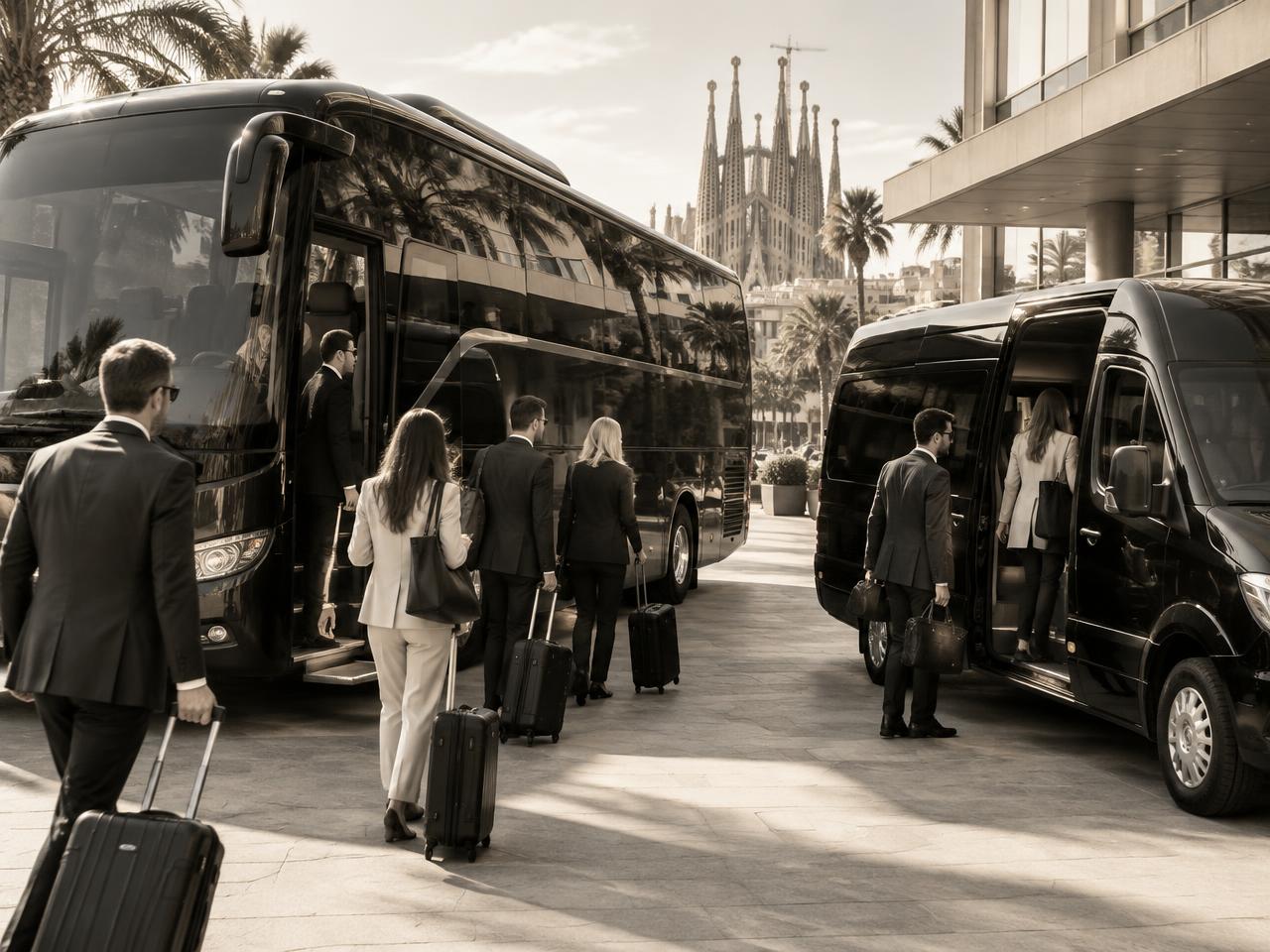 Corporate group with luggage boarding a coach and a minibus