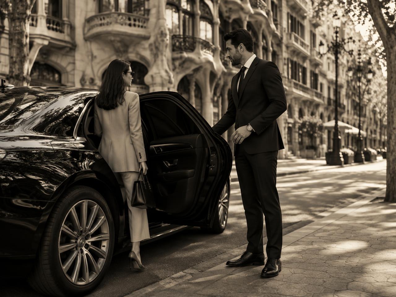 Chauffeur opening the door of a black sedan on an elegant Barcelona street