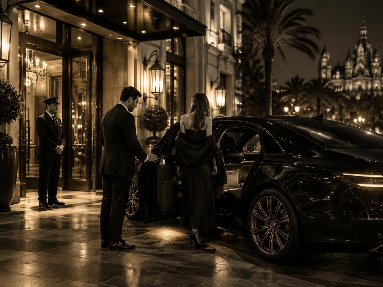 Flagship sedan at night outside an elegant hotel entrance